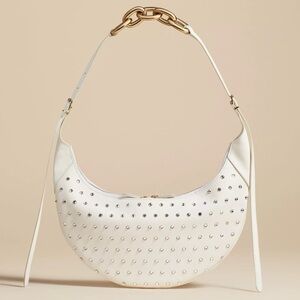 Khaite ‘Alessia’ White Studded Crescent Shoulder Bag with Gold Chain